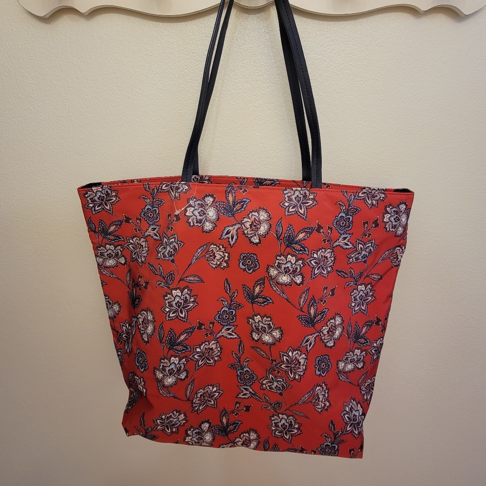 LOFT Red Floral Tote with Black Straps